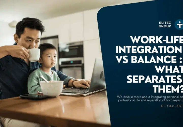 A father drinks coffee while his child sits on his lap, both looking at a laptop. The image explores work-life integration vs balance.