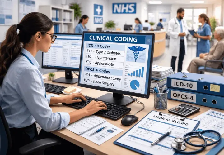 A medical coder works at a computer, learning clinical coding for billing. The screen displays ICD-10 and OPCS-4 codes.