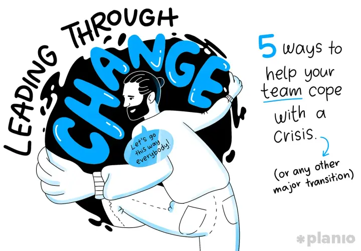 A man embodies leadership through change, guiding his team with a "Let's go this way everybody!" speech bubble. 5 ways to help your team cope with crisis.