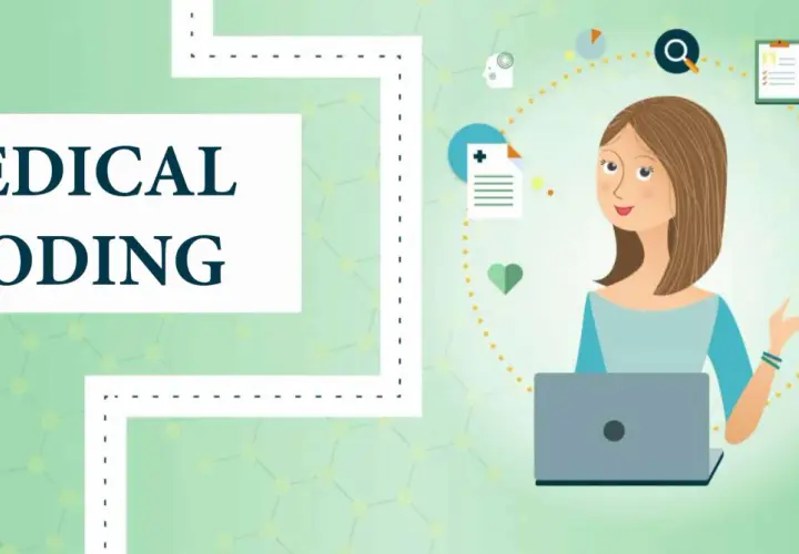 Learn medical billing and coding online with this illustration. A woman with a laptop is surrounded by icons representing healthcare and data.