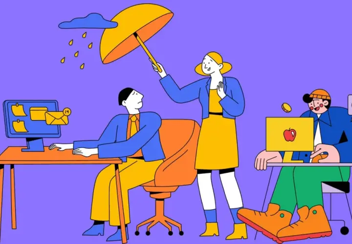 A woman holds an umbrella over a man stressed by emails, showing empathy. Another person works on a laptop with Bitcoin symbols.