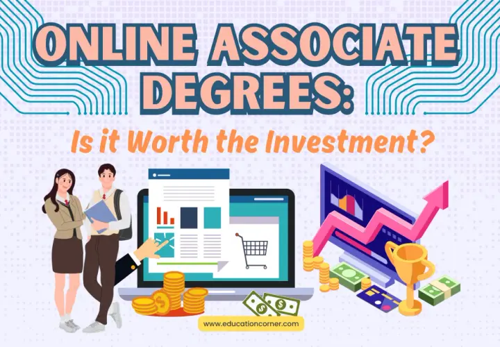 Online associate degrees: Is it worth the investment? Students, laptops, coins, and a trophy suggest a path to success.
