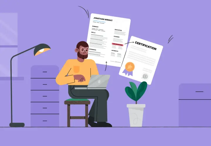 A man works on a laptop, with a resume and a certification document displayed. The resume highlights "Certifications" as a section, showing how to list certifications on resume.