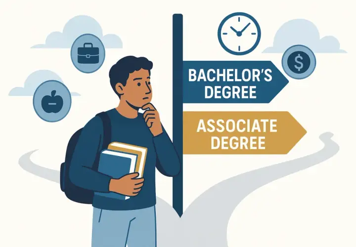 A student ponders their future, with signs pointing to a Bachelor's or Associate Degree, considering career and education paths.