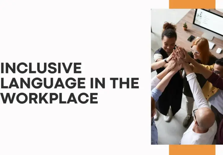 A diverse team high-fives, symbolizing unity and the importance of inclusive language in the workplace.