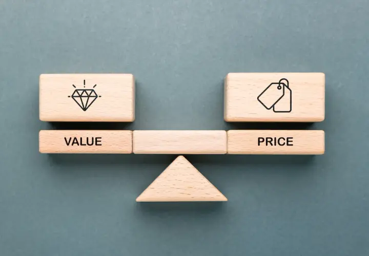 A balance scale with blocks showing a diamond for "VALUE" and price tags for "PRICE." Considering the CPC certification cost is key.