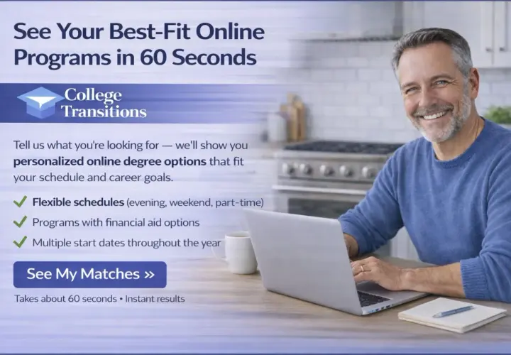 Man smiles at laptop, finding best online associate degree programs with College Transitions.