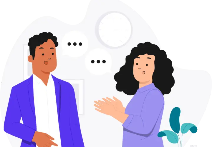 Two people engage in calm communication, with speech bubbles indicating their conversation. A clock hangs in the background.
