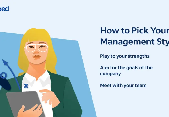 Illustration about choosing management theories, featuring a woman with a tablet and an upward arrow, with text "How to Pick Your Management Style.