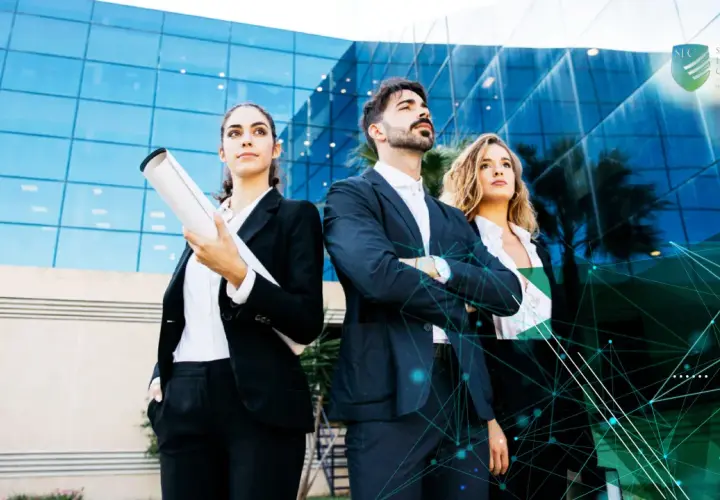 Three professionals stand confidently before a modern building, ready to embrace the future with a certificate in information technology online.