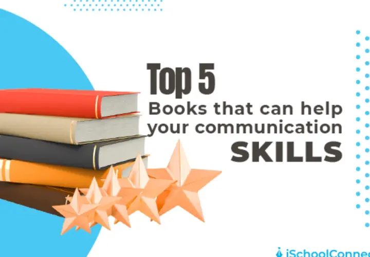 Stack of books with stars, featuring "Top 5 Books that can help your communication SKILLS.