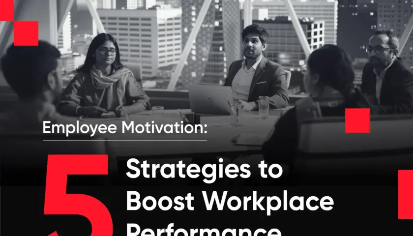 Team meeting discussing 5 strategies to boost workplace performance and increase employee motivation.