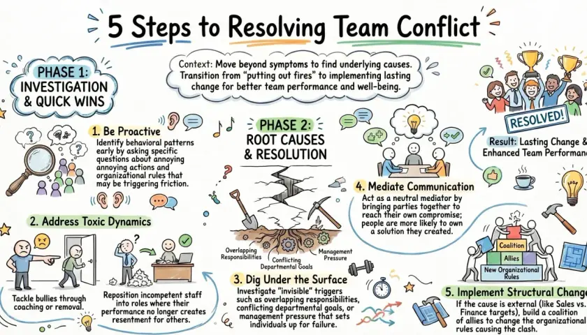 Illustration of 5 steps to resolve team conflict, showing investigation, root causes, mediation, and structural change, highlighting communication blockers and their solutions.