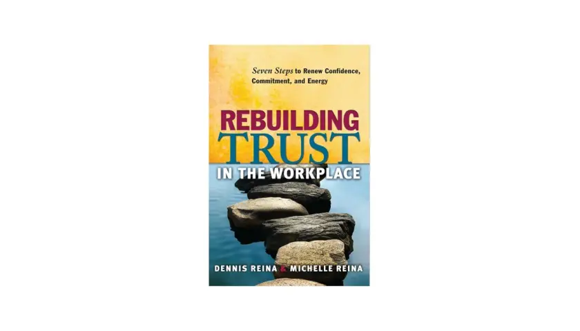 Book cover: "Rebuilding Trust in the Workplace" by Dennis & Michelle Reina. Stacked stones symbolize rebuilding trust.