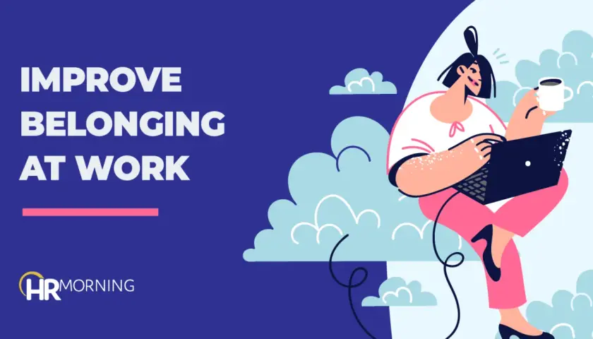 Illustration promoting a sense of belonging at work. A woman with a coffee cup works on a laptop amidst stylized clouds.
