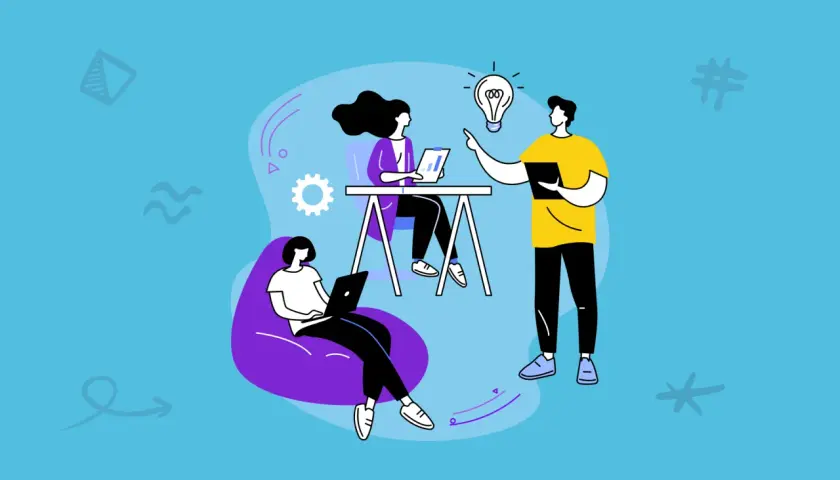 Teamwork sparks ideas, showing how to improve motivation in the workplace. A woman on a laptop, another at a desk, and a man with a lightbulb above his head.