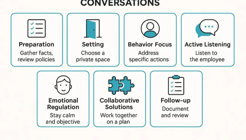 Framework for leading difficult conversations: preparation, setting, behavior focus, active listening, emotional regulation, collaborative solutions, and follow-up.