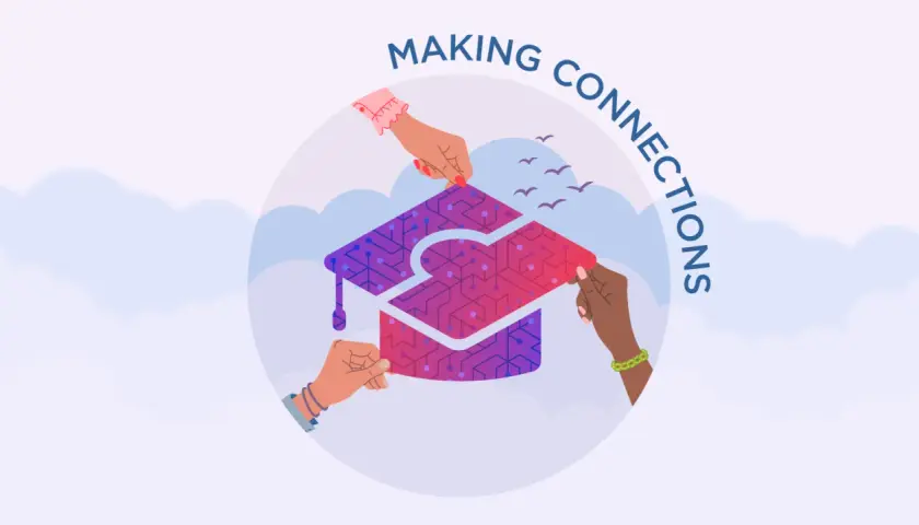 Hands assemble a graduation cap puzzle, symbolizing making connections through an associate business degree online.