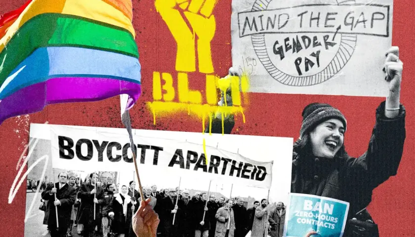 Collage of protest imagery: rainbow flag, BLM fist, "Boycott Apartheid" banner, and signs advocating for gender pay equity and banning zero-hours contracts, reflecting DEI considerations.