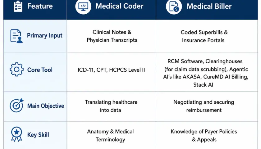 Table comparing medical coder vs. medical biller roles, detailing inputs, tools, objectives, and skills. Learn how to become a medical biller and coder.