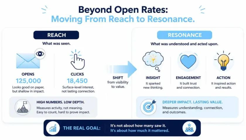 Infographic comparing "Reach" (opens, clicks) to "Resonance" (insight, engagement, action) for measuring internal communications.