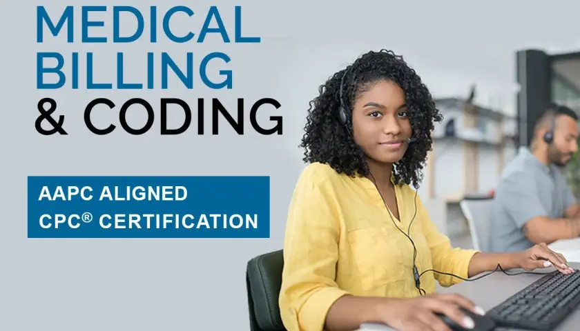 Medical billing and coding programs are highlighted with AAPC aligned CPC certification. A woman with a headset works at a computer.