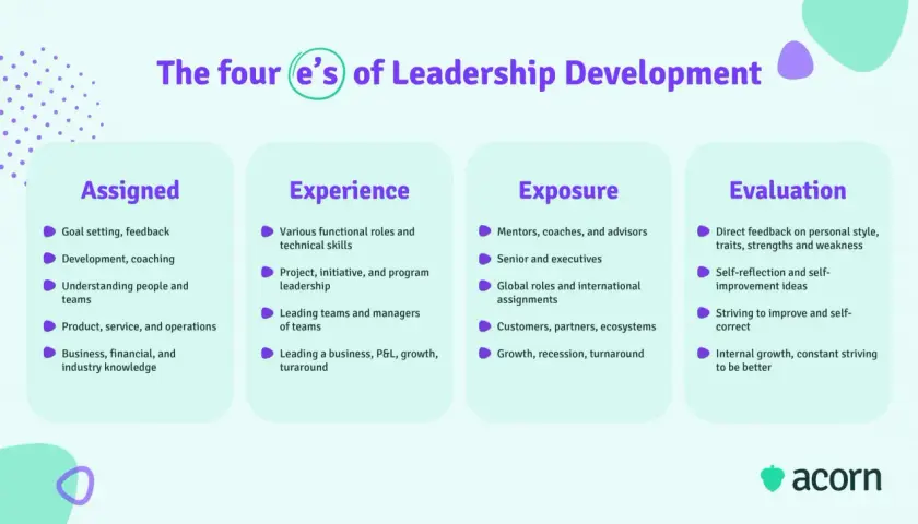 The four 'e's of leadership development: Assigned, Experience, Exposure, and Evaluation. This infographic outlines key components for c suite leadership training.