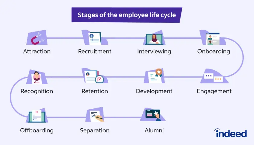 Diagram illustrating the employee life cycle: Attraction, Recruitment, Interviewing, Onboarding, Recognition, Retention, Development, Engagement, Offboarding, Separation, and Alumni.