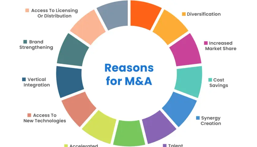 Circular diagram showing reasons for M&A: market expansion, diversification, increased market share, cost savings, synergy creation, talent acquisition, accelerated growth, enhancing competitive advantage, access to new technologies, vertical integrati...