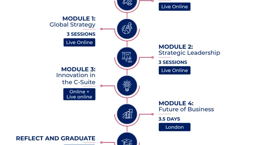 A roadmap for c suite leadership development, outlining modules on strategy, innovation, and future business, with online and in-person options.