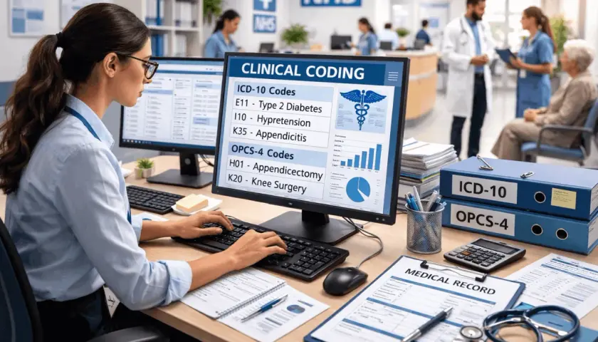 A medical coder works at a computer, learning clinical coding for billing. The screen displays ICD-10 and OPCS-4 codes.