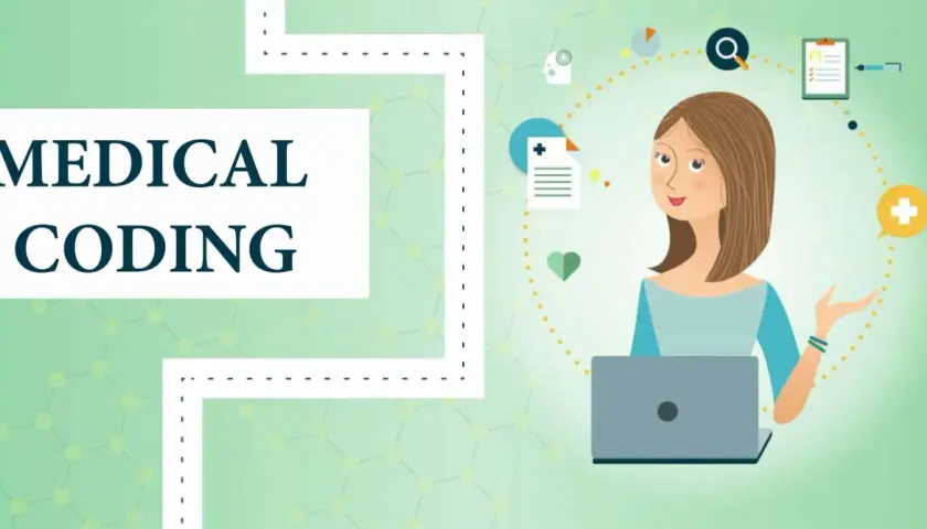 Learn medical billing and coding online with this illustration. A woman with a laptop is surrounded by icons representing healthcare and data.