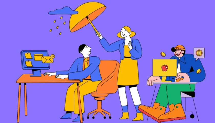 A woman holds an umbrella over a man stressed by emails, showing empathy. Another person works on a laptop with Bitcoin symbols.
