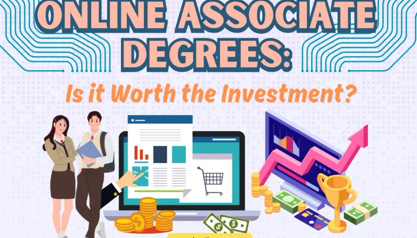 Online associate degrees: Is it worth the investment? Students, laptops, coins, and a trophy suggest a path to success.