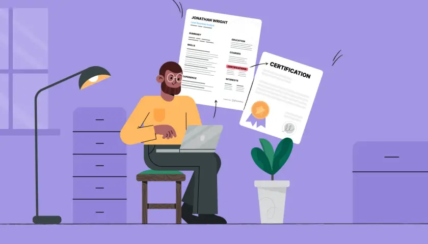 A man works on a laptop, with a resume and a certification document displayed. The resume highlights "Certifications" as a section, showing how to list certifications on resume.