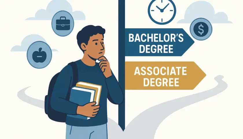 A student ponders their future, with signs pointing to a Bachelor's or Associate Degree, considering career and education paths.