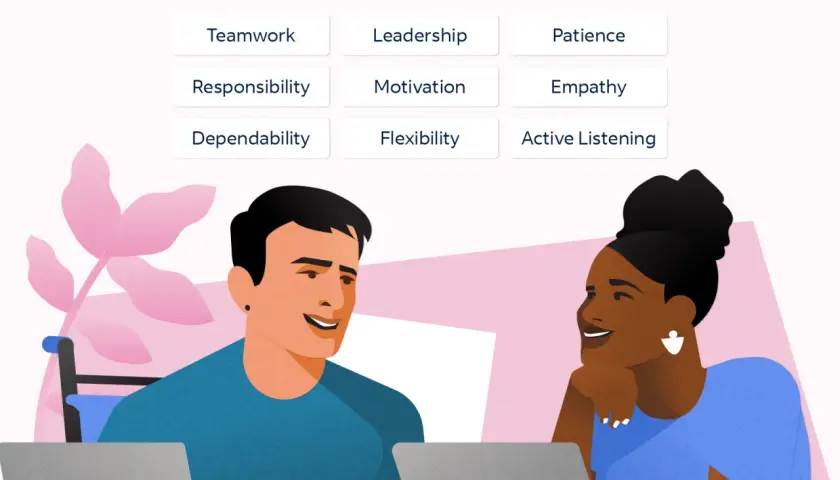 Illustration showing interpersonal savvy meaning through teamwork, leadership, and empathy. Two colleagues collaborate, highlighting effective communication.
