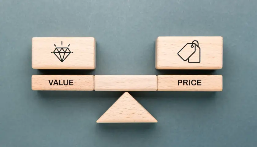 A balance scale with blocks showing a diamond for "VALUE" and price tags for "PRICE." Considering the CPC certification cost is key.