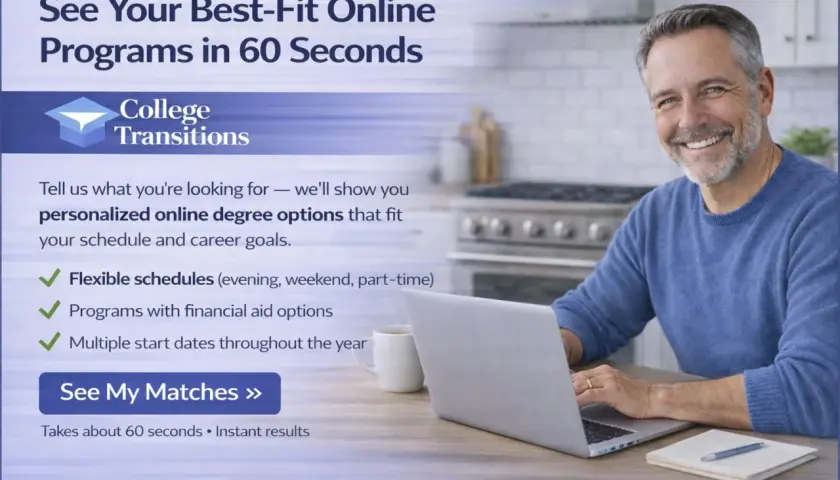 Man smiles at laptop, finding best online associate degree programs with College Transitions.