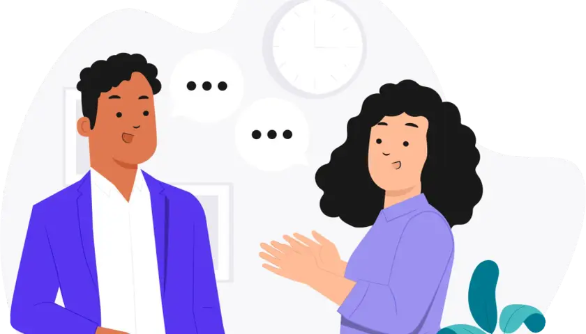 Two people engage in calm communication, with speech bubbles indicating their conversation. A clock hangs in the background.