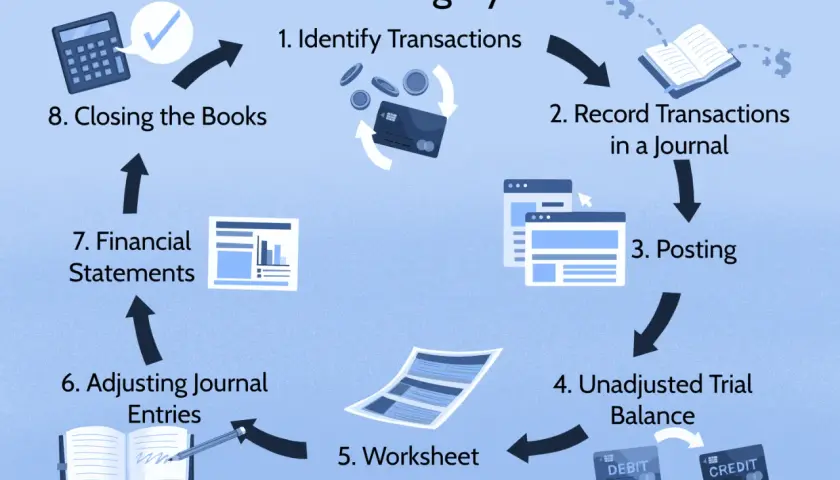 Diagram illustrating the accounting cycle, from identifying transactions to closing the books, with icons for each step.