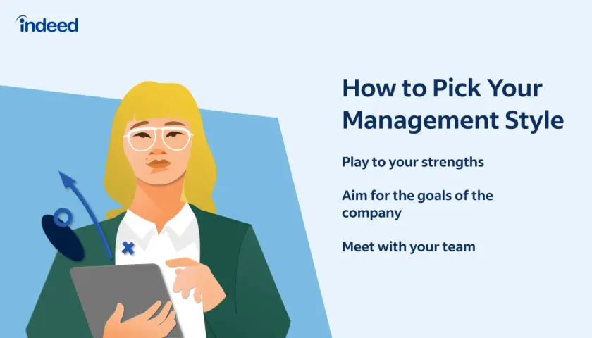 Illustration about choosing management theories, featuring a woman with a tablet and an upward arrow, with text "How to Pick Your Management Style.