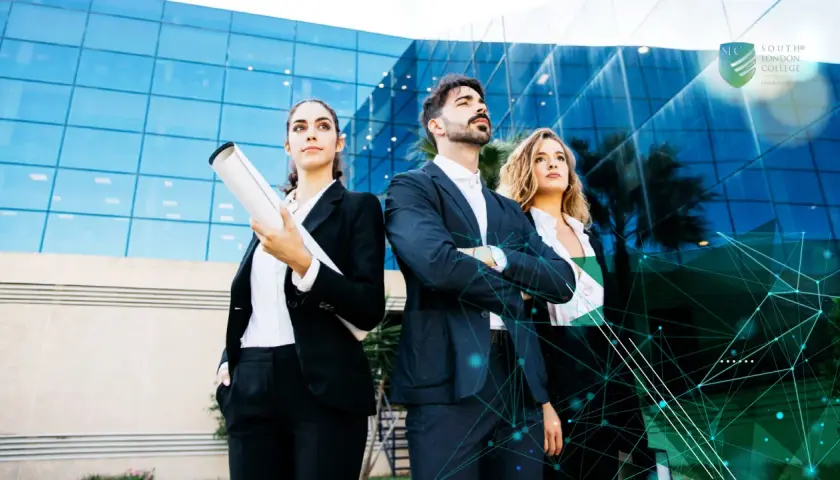Three professionals stand confidently before a modern building, ready to embrace the future with a certificate in information technology online.