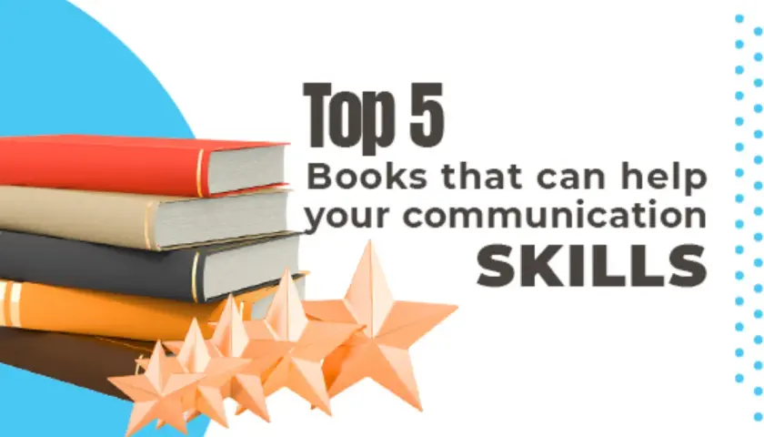 Stack of books with stars, featuring "Top 5 Books that can help your communication SKILLS.