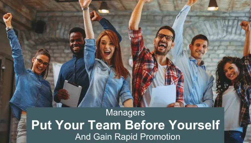 A diverse team celebrates success, hinting at how to become a manager by prioritizing the team for rapid promotion.