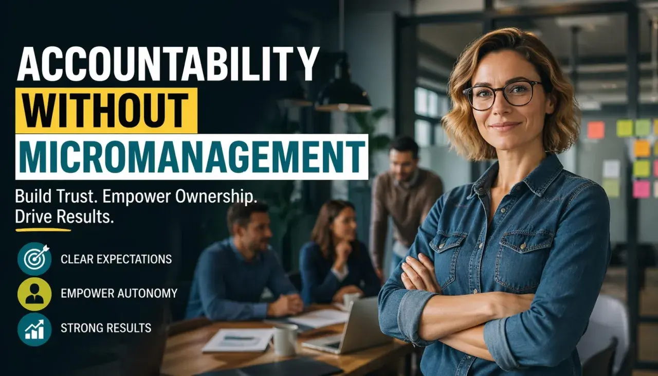 A confident woman leads a team, demonstrating why accountability is important for building trust, empowering ownership, and driving strong results without micromanagement.