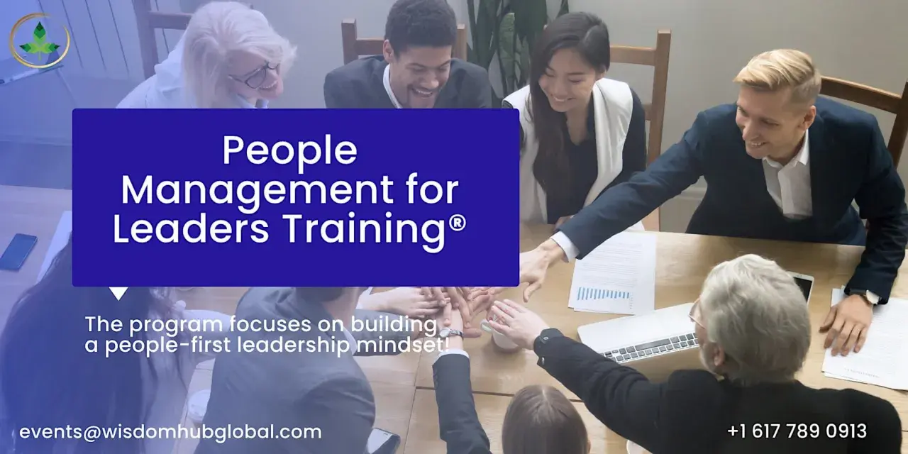 Diverse team in a meeting, hands clasped in unity. Text promotes "People Management for Leaders Training" focusing on a people-first mindset.