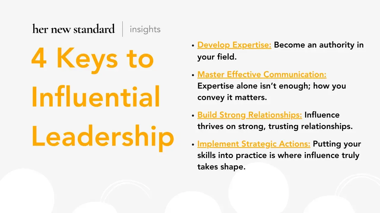 4 Keys to Influential Leadership: Develop expertise, master communication, build relationships, and implement actions.