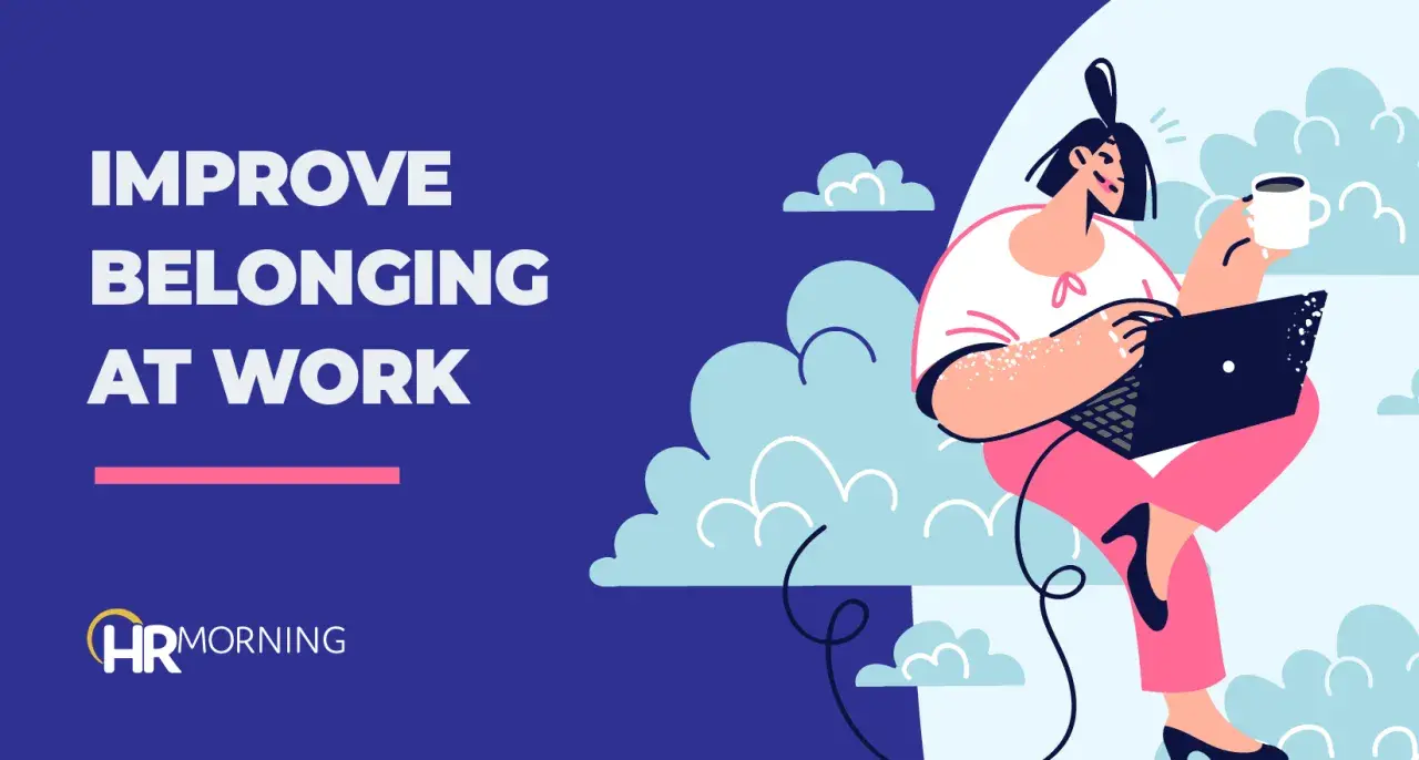 Illustration promoting a sense of belonging at work. A woman with a coffee cup works on a laptop amidst stylized clouds.