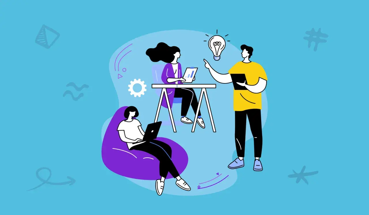 Teamwork sparks ideas, showing how to improve motivation in the workplace. A woman on a laptop, another at a desk, and a man with a lightbulb above his head.